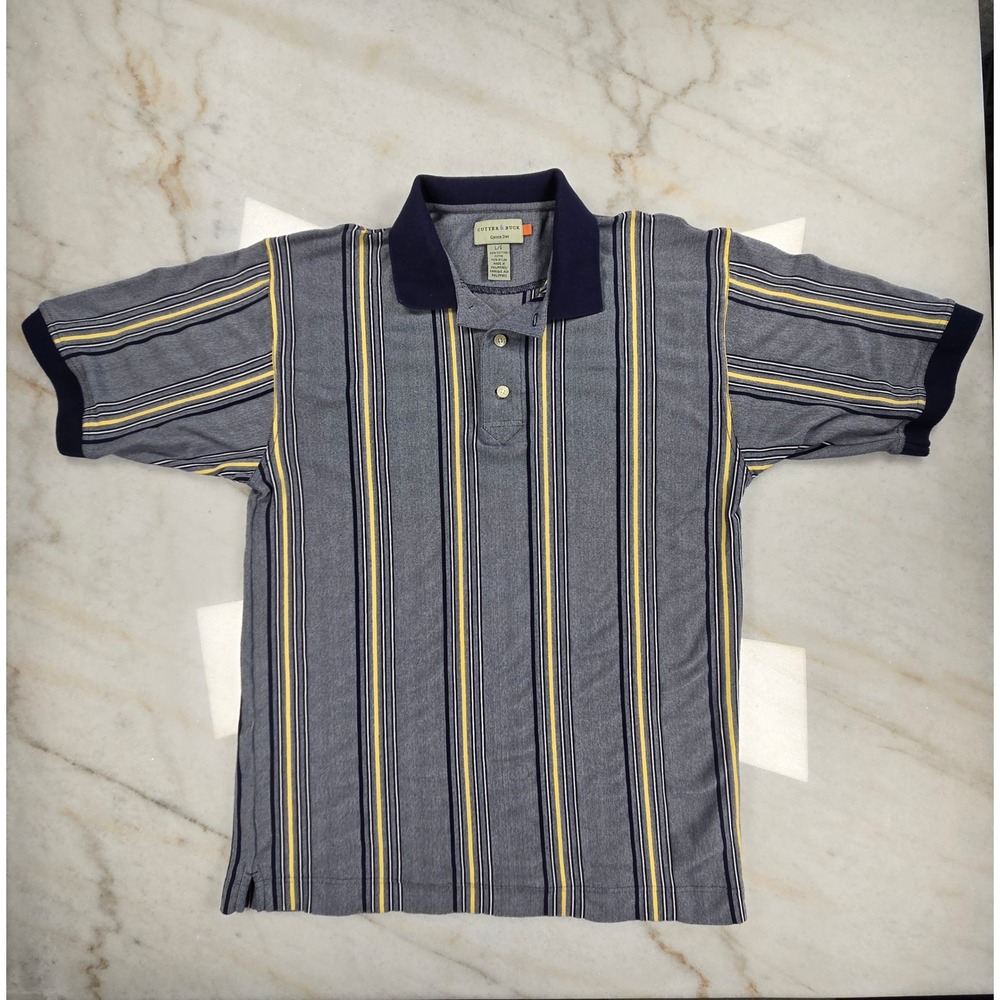 Cutter & Buck Golf Polo Shirt Mens Large Blue Vertical Striped Quick Dry Preppy